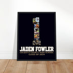 Football senior night poster for jersey 1, black background, white and gold lettering