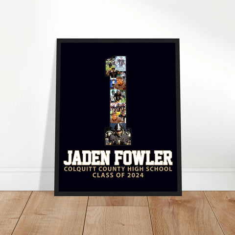 Football senior night poster for jersey 1, black background, white and gold lettering. Available at collageandwood.com.