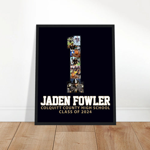 Football senior night poster for jersey 1, black background, white and gold lettering. Available at collageandwood.com.