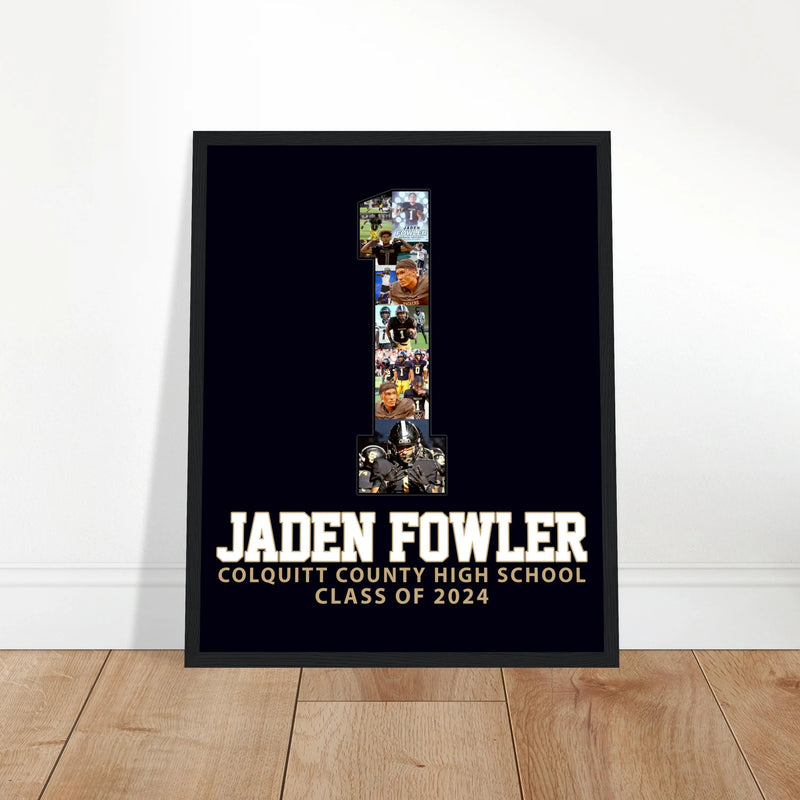 Football senior night poster for jersey 1, black background, white and gold lettering. Available at collageandwood.com.