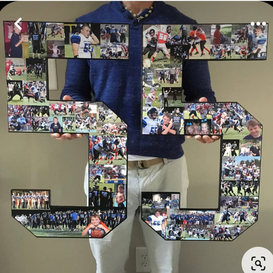 Football senior Gift idea: 25 inch giant photo numbers covered with pictures. This is a 2 foot tall 55 held by my husband Jon Waddell.