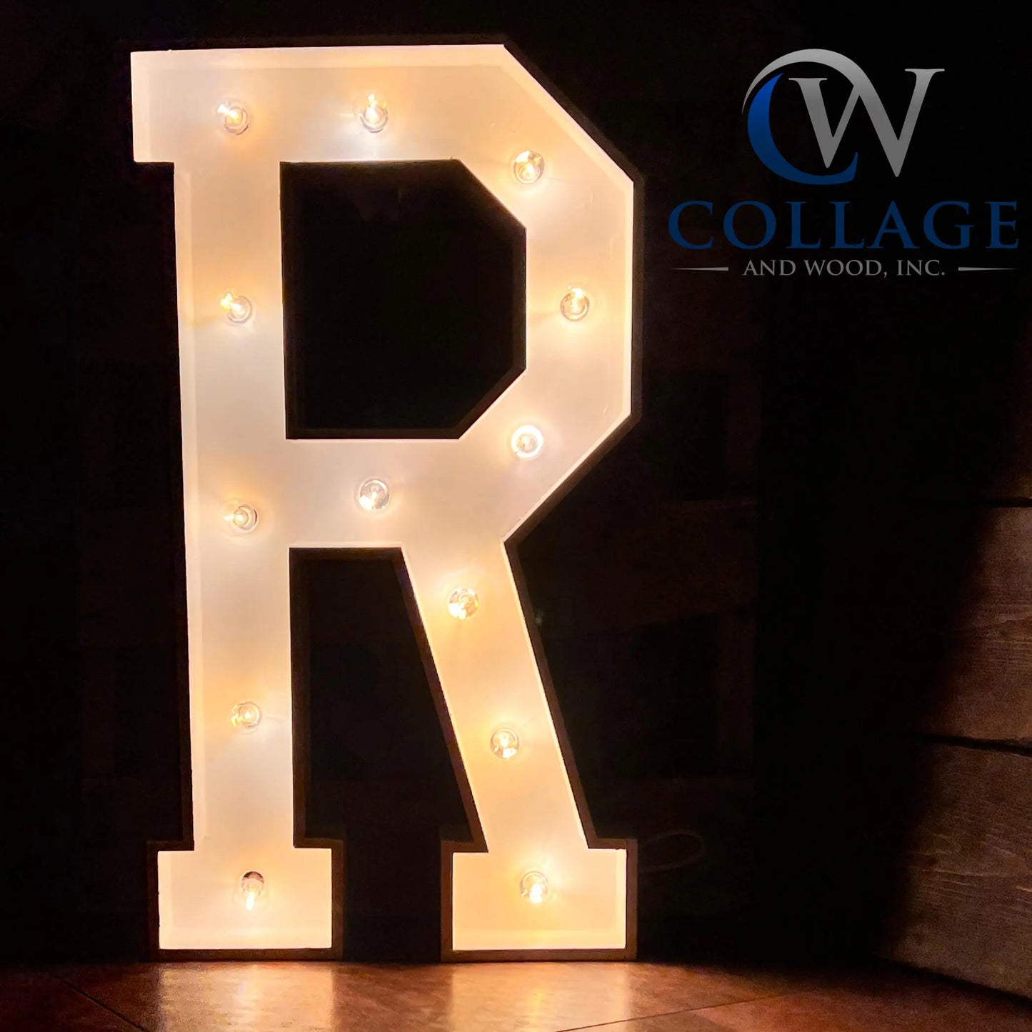 Radiant wooden marquee letter R, stretching 3 feet tall, finished in a bright white hue, illuminated by brilliant LED lights.