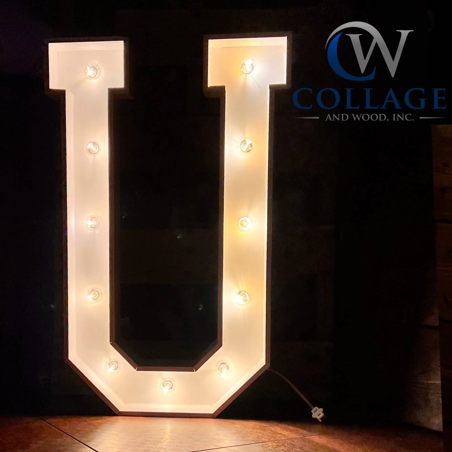 U - Unforgettable 3-foot tall wooden marquee letter U, painted in a fresh white hue, featuring brilliant battery-powered LED lights.