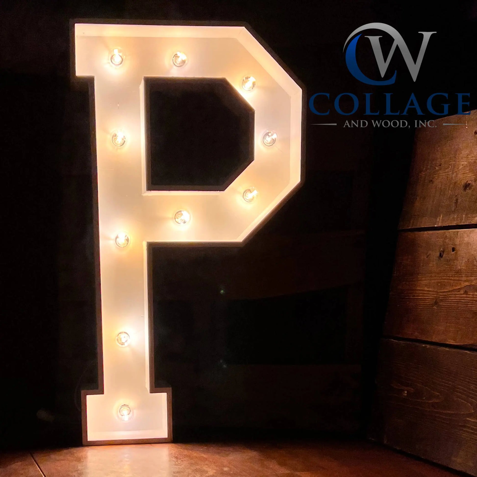 Perfectly crafted wooden marquee letter P, measuring an impressive 3 feet tall, in a refined white finish, lit by vibrant LED lights.