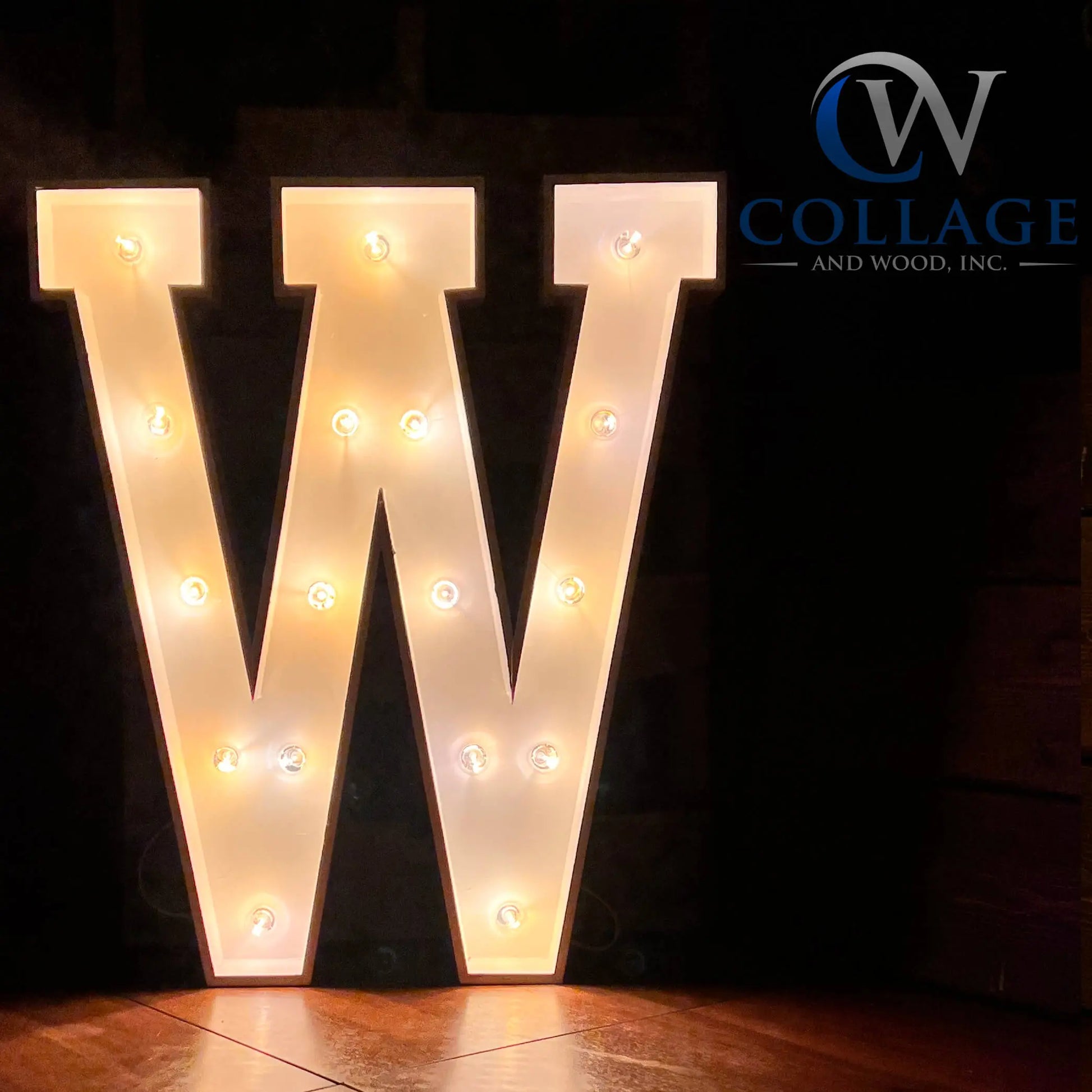 Wonderful 3-foot tall wooden marquee letter W, classically painted in white, adorned with sparkling battery-powered LED lights.