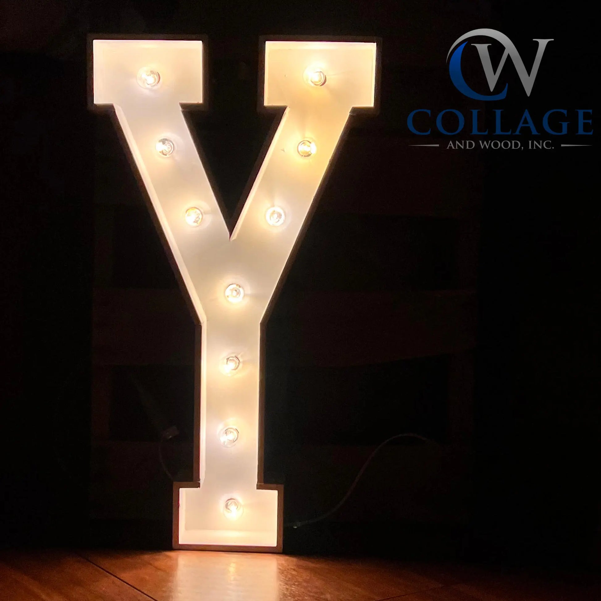 Youthful 3-foot tall wooden marquee letter Y, elegantly dressed in white, glowing with gleaming battery-powered LED lights.