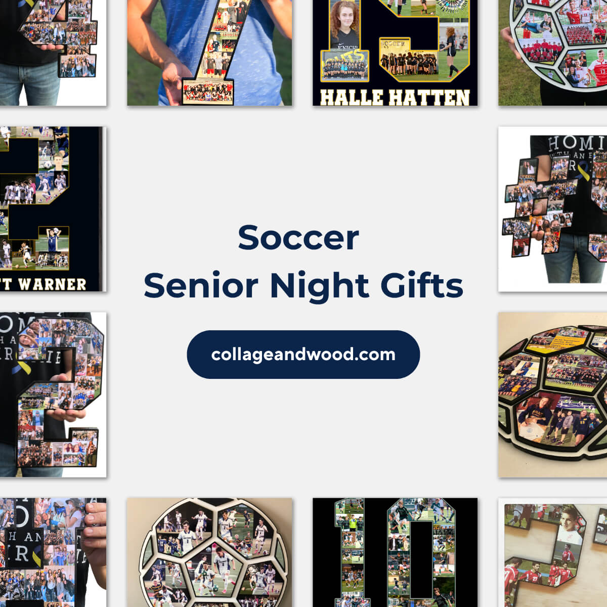 Collage of soccer-themed senior night gifts from CollageandWood.com with various designs and text on a white background.