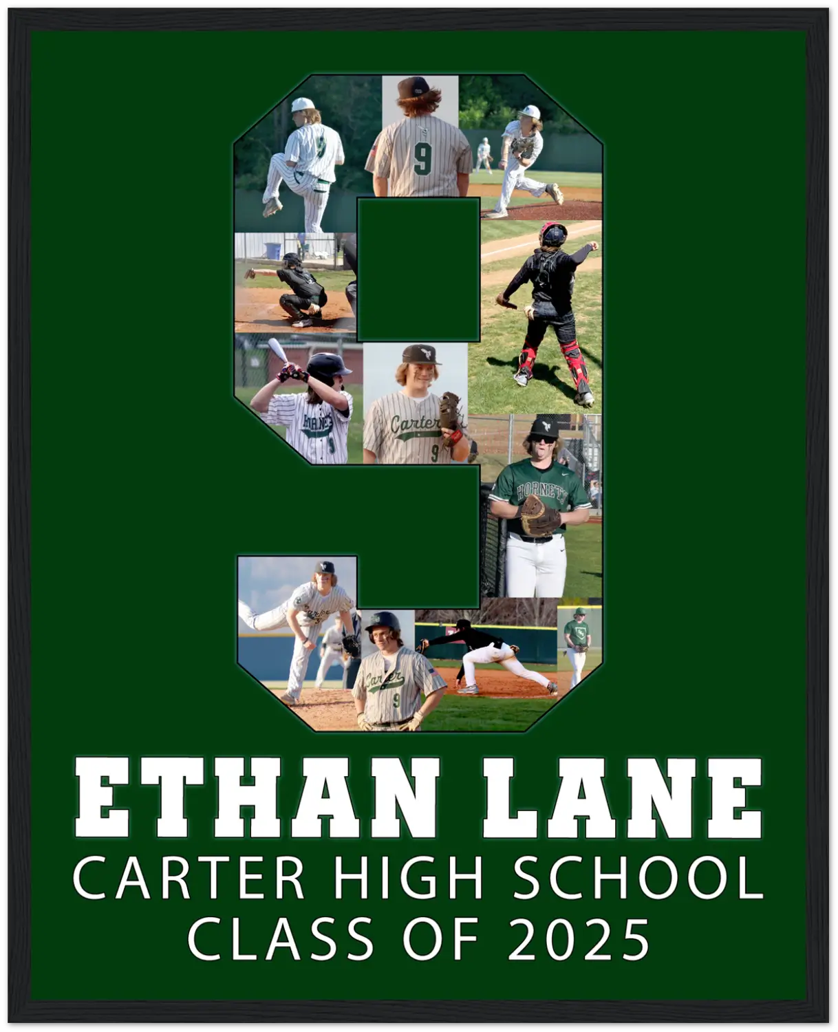 Personalized senior sports collage in the shape of number 9, showcasing Ethan Lane's baseball career at Carter High School, Class of 2025. The green background and full-name personalization make it a standout senior night gift. Designed by collageandwood.com.