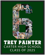 Senior night baseball collage featuring Trey Painter, Carter High School Class of 2025. The collage is shaped like number 6 and includes action and candid shots from his baseball journey. A custom sports keepsake by collageandwood.com.