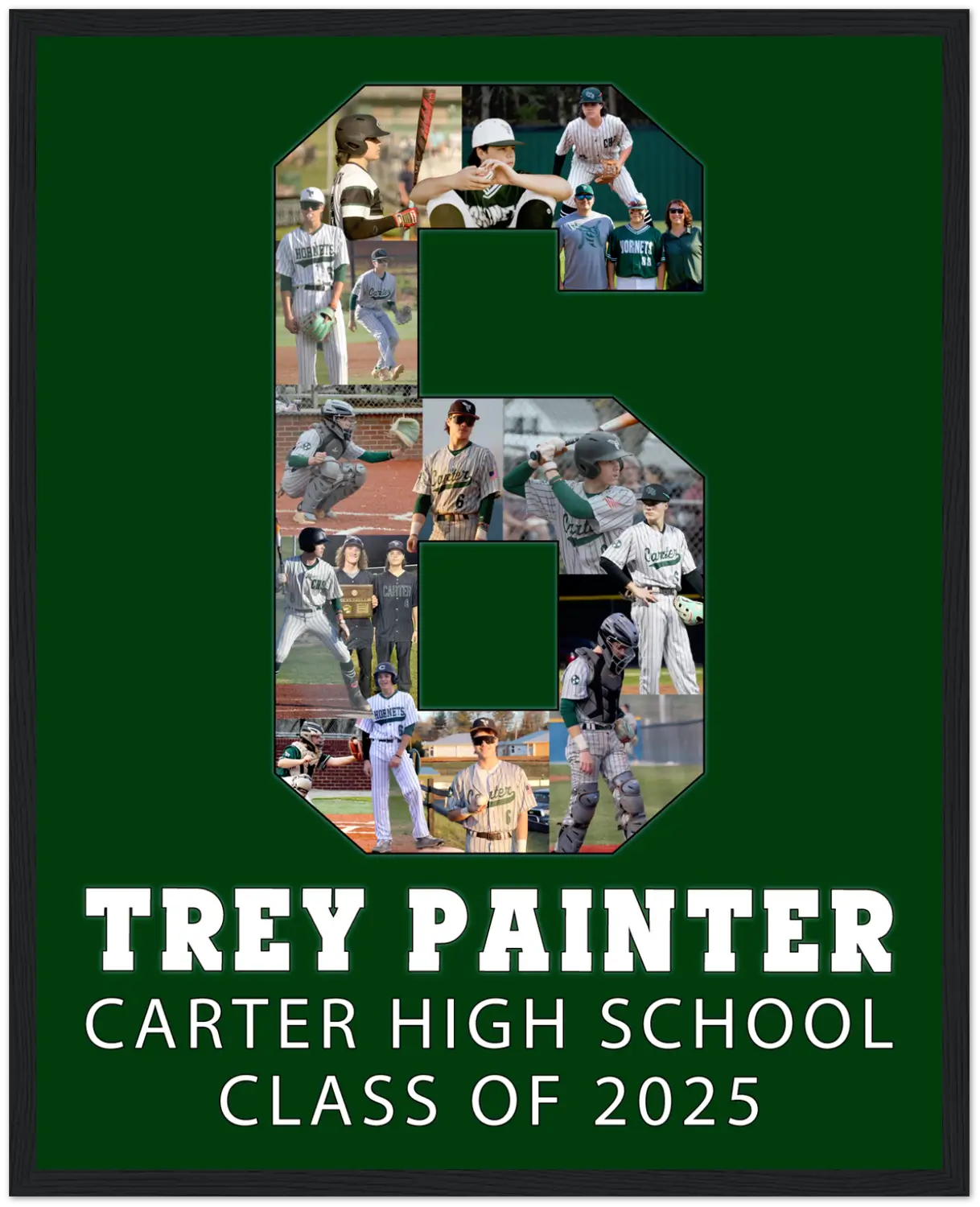Senior night baseball collage featuring Trey Painter, Carter High School Class of 2025. The collage is shaped like number 6 and includes action and candid shots from his baseball journey. A custom sports keepsake by collageandwood.com.