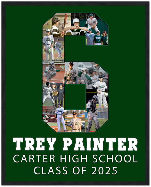 Senior night baseball collage featuring Trey Painter, Carter High School Class of 2025. The collage is shaped like number 6 and includes action and candid shots from his baseball journey. A custom sports keepsake by collageandwood.com.