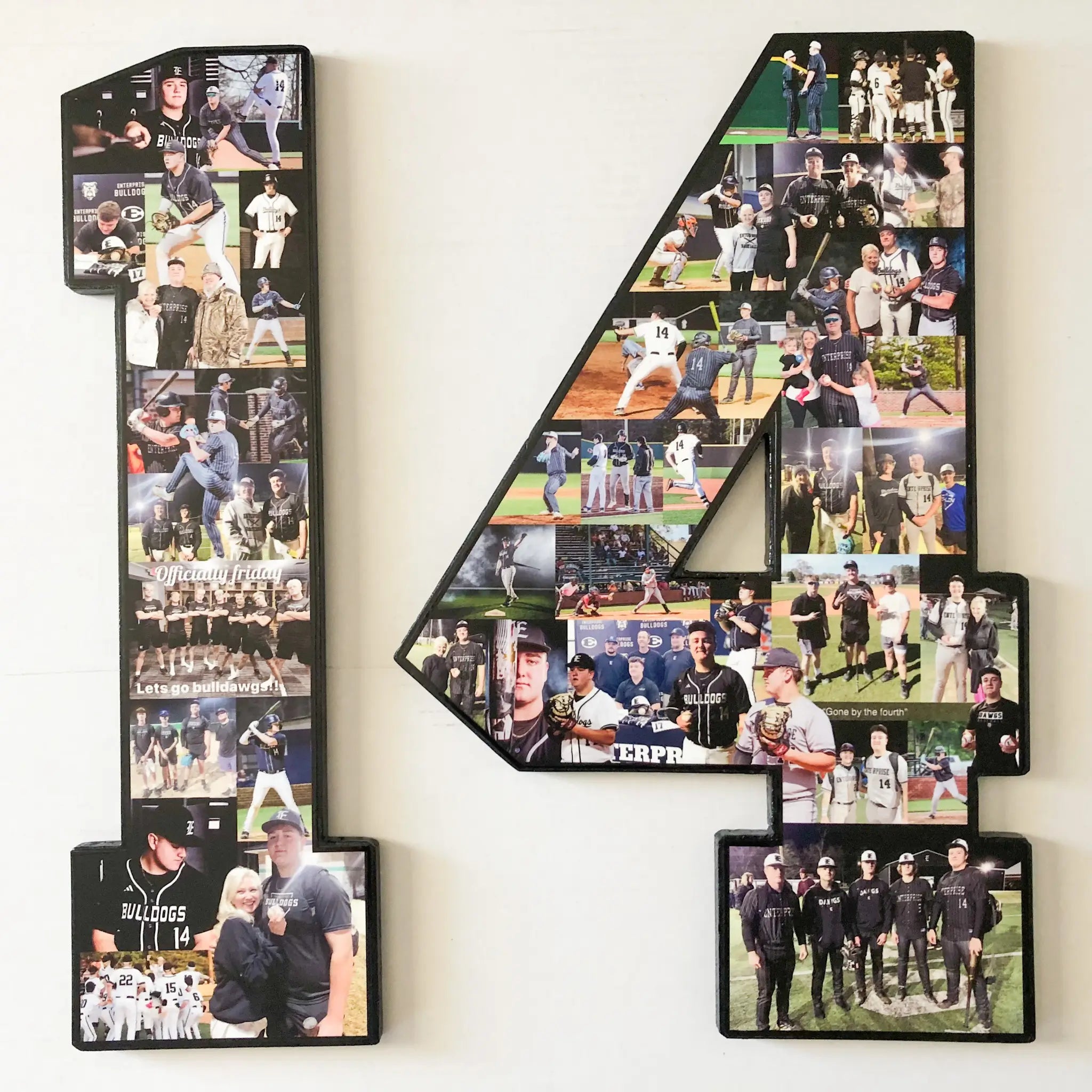 Custom number photo collage shaped as '14' featuring a high school baseball player. The collage includes action shots, team photos, and family moments, making it a meaningful senior night gift. Created by Collage and Wood — shop at collageandwood.com for personalized sports gifts.