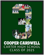 Custom senior night photo collage shaped like the number 3, featuring baseball photos of Cooper Cardwell from Carter High School, Class of 2025. This personalized poster highlights his journey from little league to high school baseball. Created by collageandwood.com.
