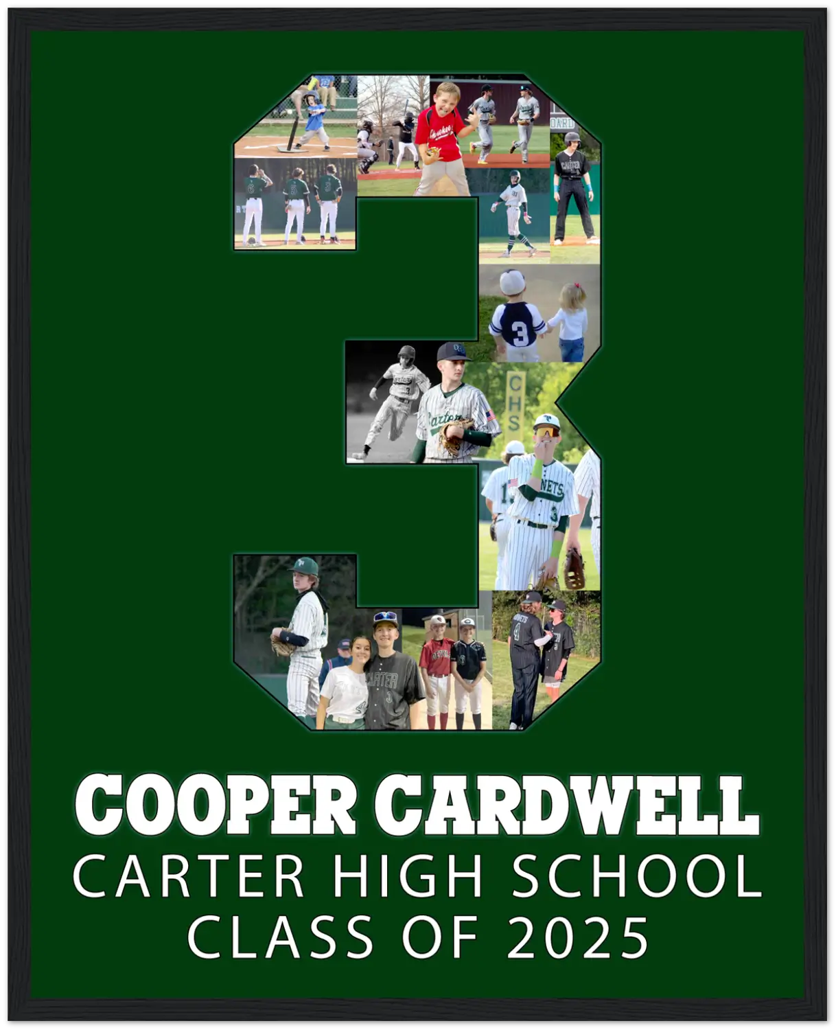 Custom senior night photo collage shaped like the number 3, featuring baseball photos of Cooper Cardwell from Carter High School, Class of 2025. This personalized poster highlights his journey from little league to high school baseball. Created by collageandwood.com.
