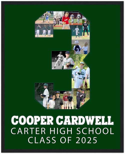 Custom senior night photo collage shaped like the number 3, featuring baseball photos of Cooper Cardwell from Carter High School, Class of 2025. This personalized poster highlights his journey from little league to high school baseball. Created by collageandwood.com.