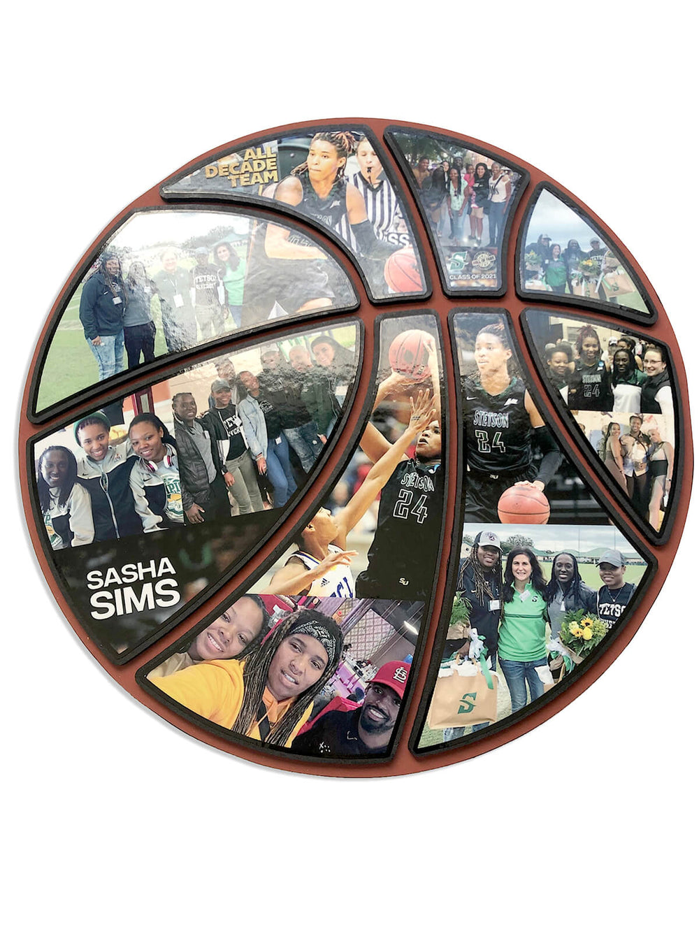 Customize basketball with pictures, a perfect gift for senior night. Available at collageandwood.com.