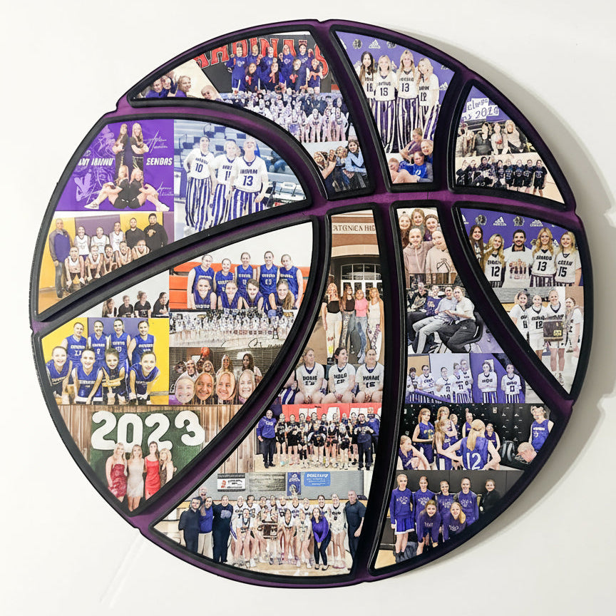 Basketball-themed collage with various photos on a circular wall art piece from collageandwood.com.