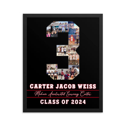 Basketball poster for #3, in black frame with black background, made by collageandwood.com