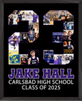 A personalized sports collage featuring the number "23" filled with photos of Jake Hall's basketball achievements and memories. Images within the "23" include team photos, action shots, milestones like scoring 1000 and 2500 points, awards, and family moments. The bottom text reads, "Jake Hall, Carlsbad High School, Class of 2025," in bold purple and white on a black background with a black frame.