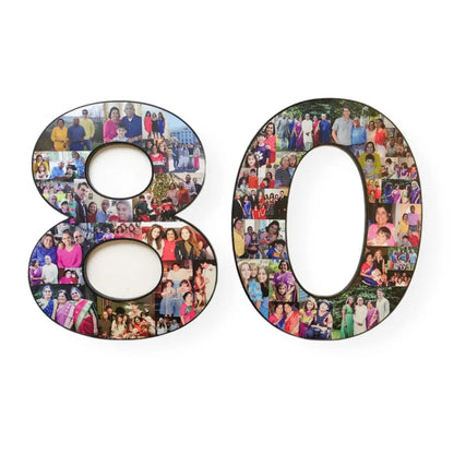 A colorful photo collage shaped like the number '80,' featuring various family and friend moments, celebrating a loved one’s life to explore memorable personal occasion in a vibrant and joyful display.
