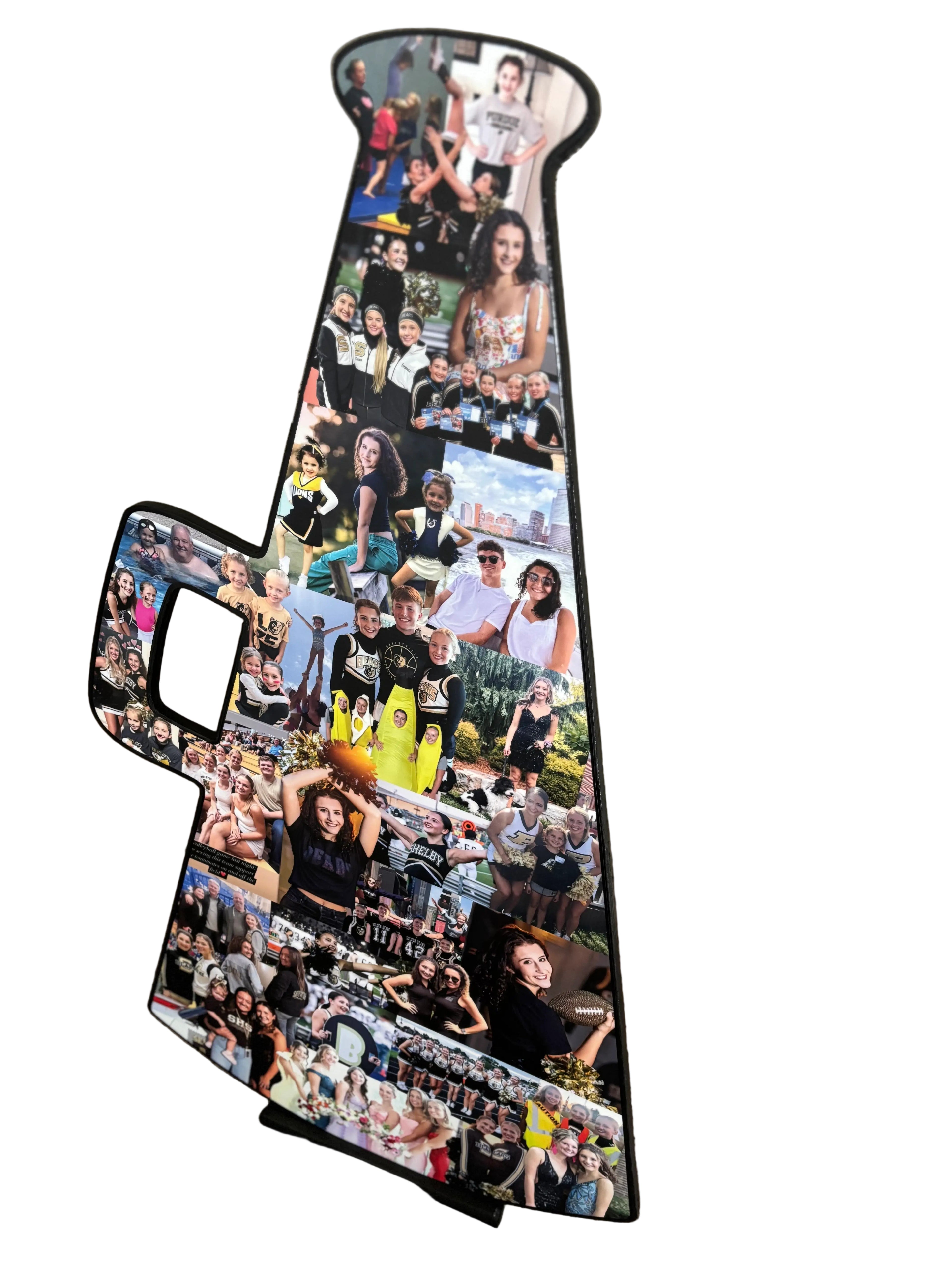 Custom megaphone-shaped photo collage featuring a high school cheerleader — perfect senior night gift idea with cheer photos and memories from collageandwood.com