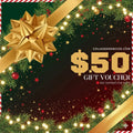 Christmas-themed gift voucher with a gold bow and festive decorations.