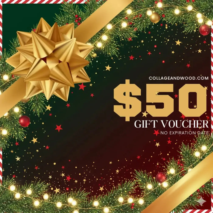 Christmas-themed gift voucher with a gold bow and festive decorations. Available at collageandwood.com.