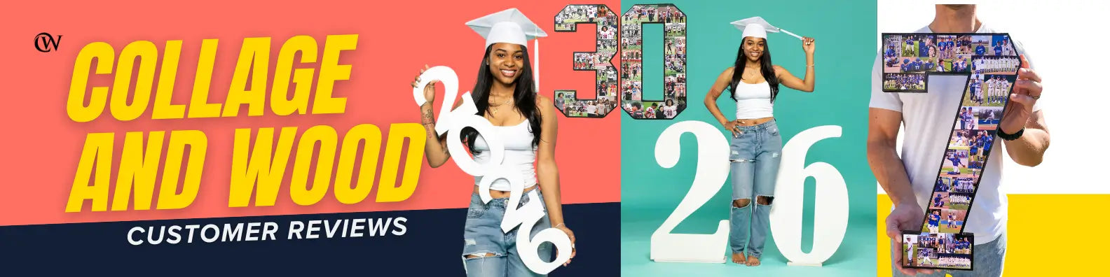 Promotional banner for Collage and Wood customer reviews with images of people holding photo props and custom collage gifts.