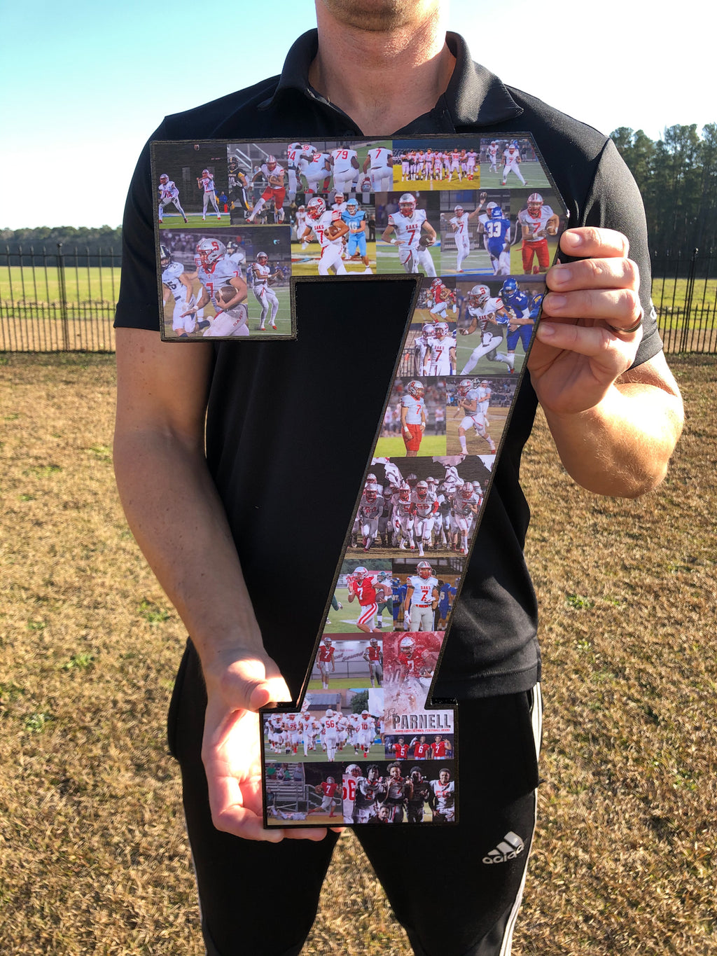 18 inch football collage #7 from Collageandwood.com, held my husband Jon Waddell.