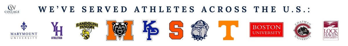 Logos of high schools, colleges and universities whose athletic programs Collage and Wood has served