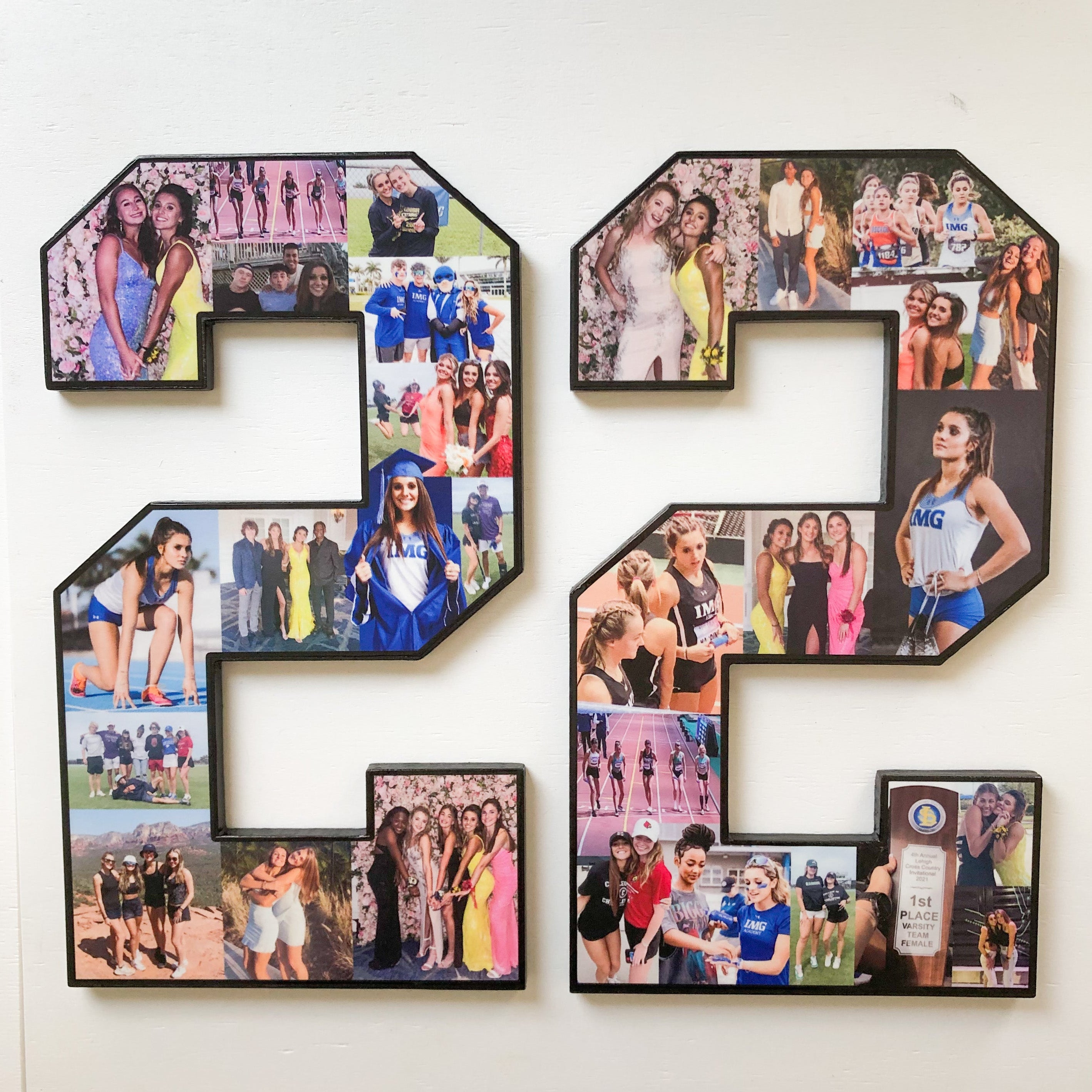 Custom large numbers '22' photo number frames filled with family and friend photographs, displayed on a white wall.