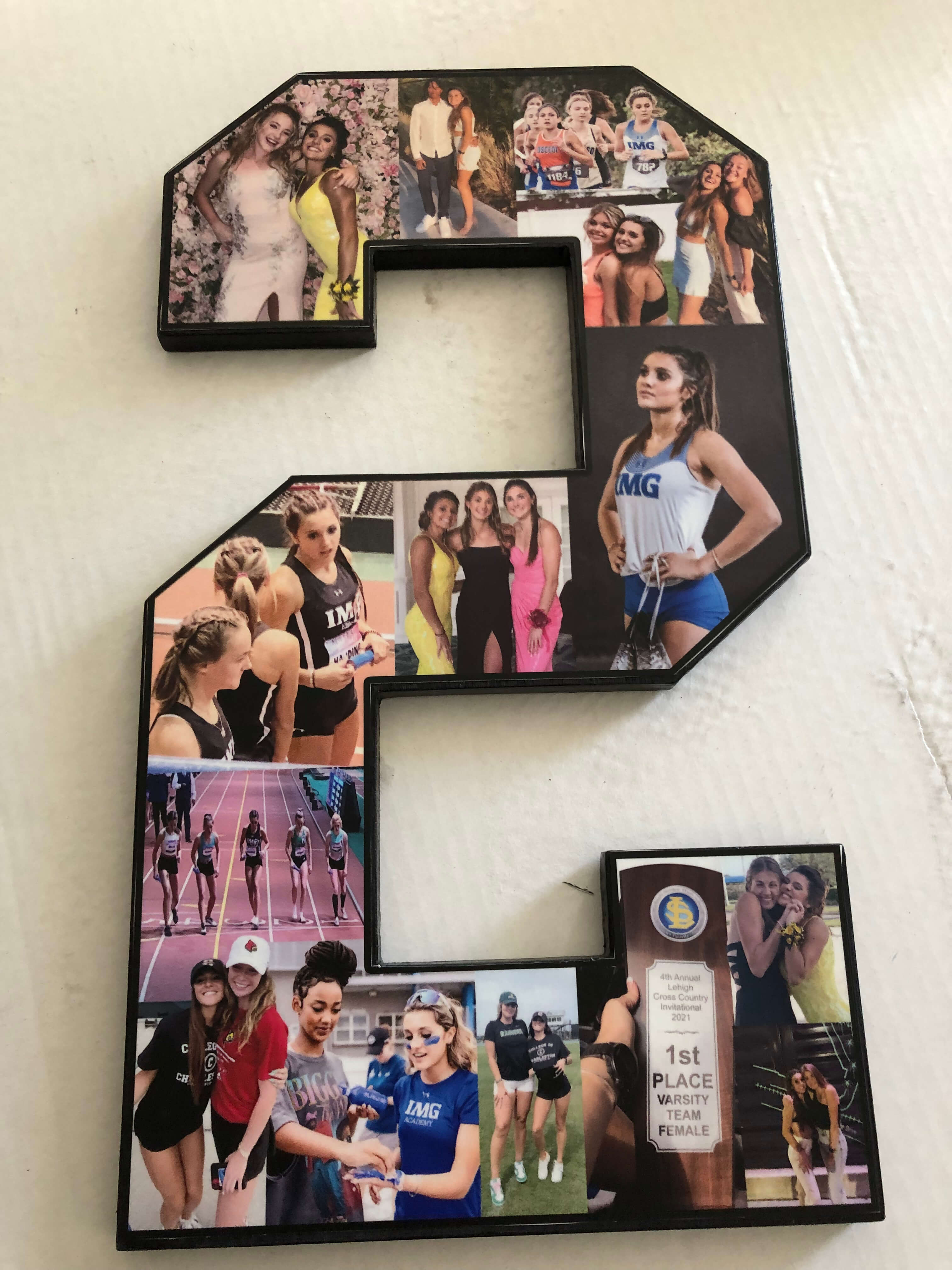 A large number two photo collage filled with multiple printed photos of women in athletic and social settings.