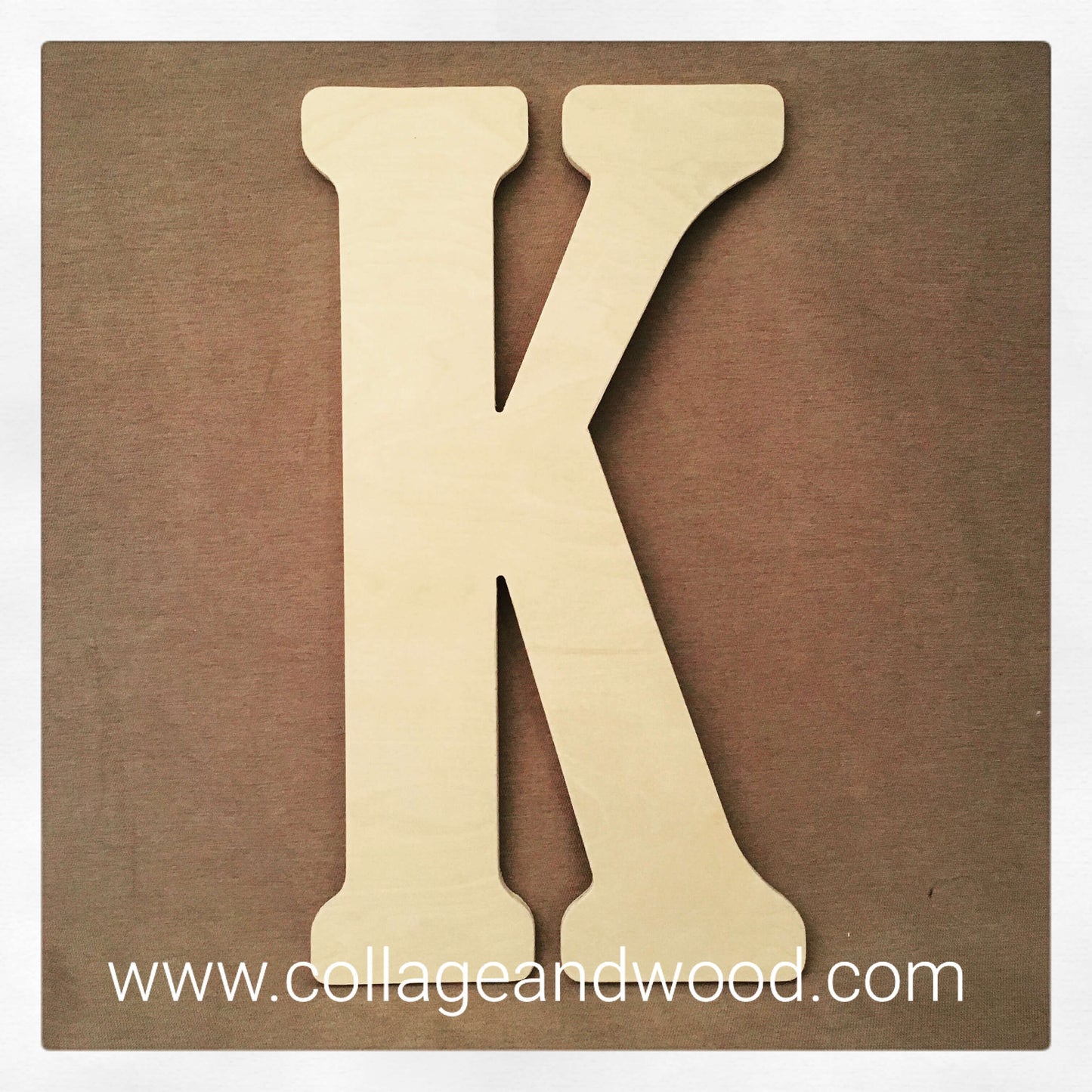 Decorative wooden letter K on a plain background, showcasing the natural wood grain and classic serif style, perfect for adding a personal touch to home decor.