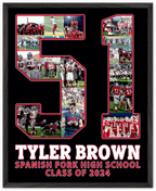 Take your senior night gift up a level with our senior night poster ideas! This 16x20 poster was customized for #51, but we can make any number. Then we add your preferred background color, your athlete's name under the number, and then your high school name under that, and finally your graduation class year as the third line of text.