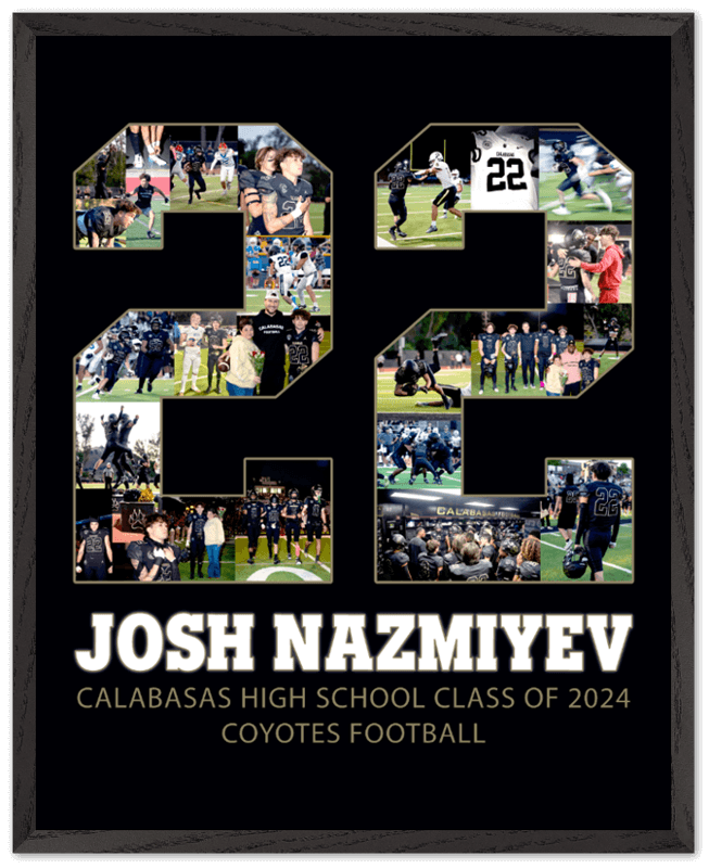 Football senior night gifts should be ultra personalized, like this #22 poster. You can create a similar effect by submitting photos that we will put inside your jersey number, like this 22. Then we will customize it even further for you with your player's name, high school, and any third line text that you prefer.