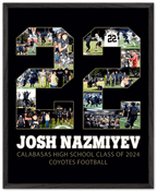 Football senior night gifts should be ultra personalized, like this #22 poster. You can create a similar effect by submitting photos that we will put inside your jersey number, like this 22. Then we will customize it even further for you with your player's name, high school, and any third line text that you prefer.