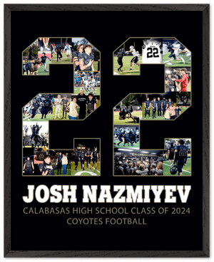 Football senior night gifts should be ultra personalized, like this #22 poster. You can create a similar effect by submitting photos that we will put inside your jersey number, like this 22. Then we will customize it even further for you with your player's name, high school, and any third line text that you prefer. Available at collageandwood.com.
