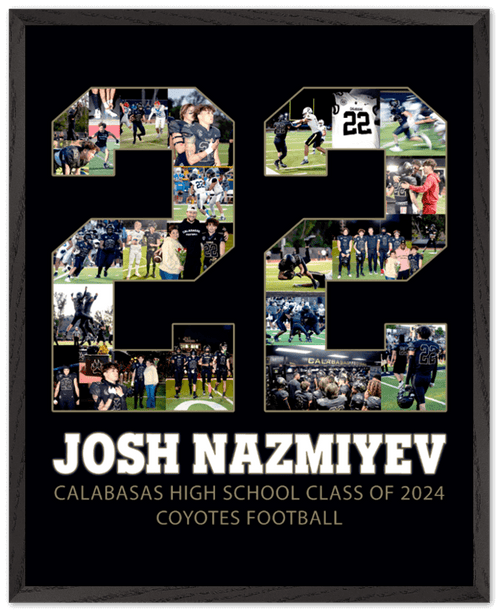 Football senior night gifts should be ultra personalized, like this #22 poster. You can create a similar effect by submitting photos that we will put inside your jersey number, like this 22. Then we will customize it even further for you with your player's name, high school, and any third line text that you prefer.