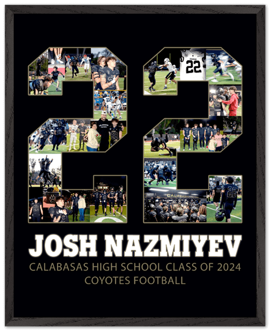 Football senior night gifts should be ultra personalized, like this #22 poster. You can create a similar effect by submitting photos that we will put inside your jersey number, like this 22. Then we will customize it even further for you with your player's name, high school, and any third line text that you prefer.