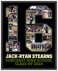 if you're looking for football team gift ideas for senior night, our custom posters are a great option for you! Customize this 16x20 poster with pictures, like the #16 in this image. Then add your player's name, high school, and graduation year in the three-line text under their jersey number.