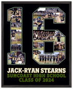 if you're looking for football team gift ideas for senior night, our custom posters are a great option for you! Customize this 16x20 poster with pictures, like the #16 in this image. Then add your player's name, high school, and graduation year in the three-line text under their jersey number.