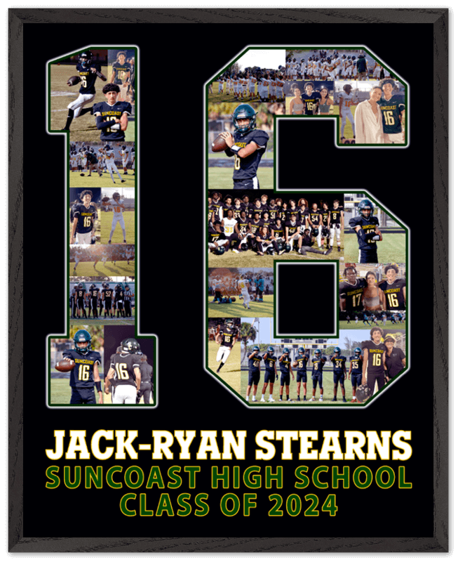 if you're looking for football team gift ideas for senior night, our custom posters are a great option for you! Customize this 16x20 poster with pictures, like the #16 in this image. Then add your player's name, high school, and graduation year in the three-line text under their jersey number.