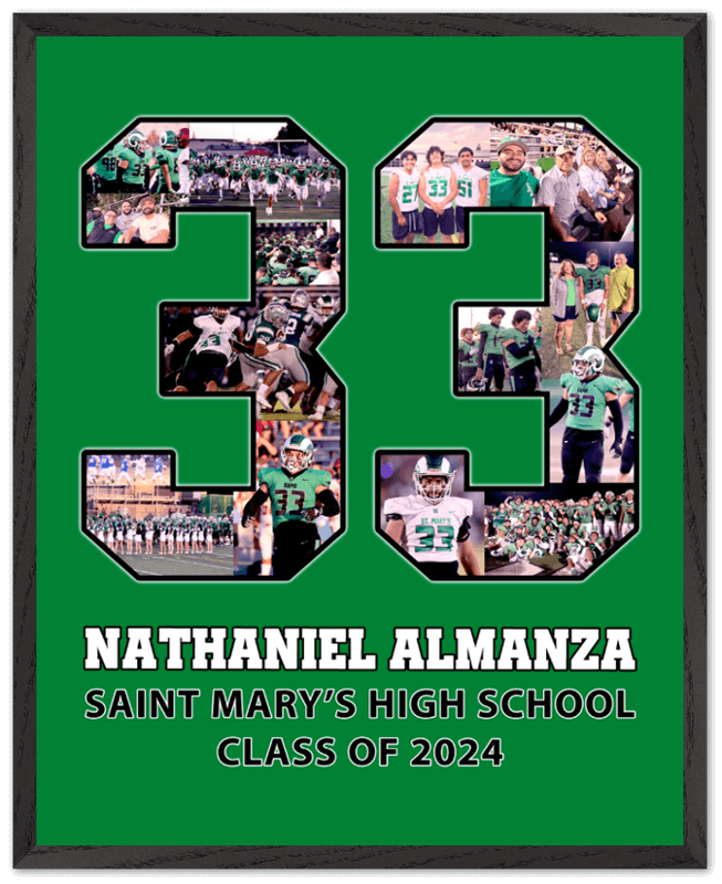 Finding football gifts that are meaningful is no longer difficult! Customize your 16x20 poster with your player's jersey number #33 is pictured on a green background. Then  we will add your three lines of text: name, highschool, and graduation class.