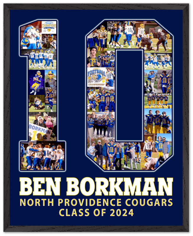 our custom photo collage posters make the perfect senior football gifts ideas. This 16x20 poster was customized for #10 with his pictures, name, school, and class graduation year. Do the same for your senior football player!