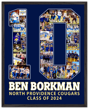 our custom photo collage posters make the perfect senior football gifts ideas. This 16x20 poster was customized for #10 with his pictures, name, school, and class graduation year. Do the same for your senior football player!
