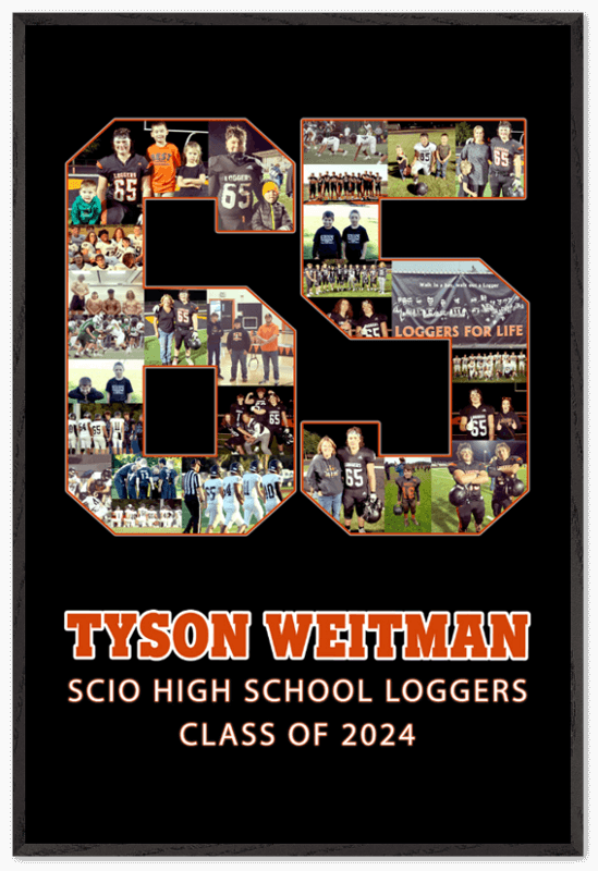 Football player gifts have never been so meaningful! Like this custom football poster for #65. Contact us to make one for your player with their name, number, school name, class year, and school colors!
