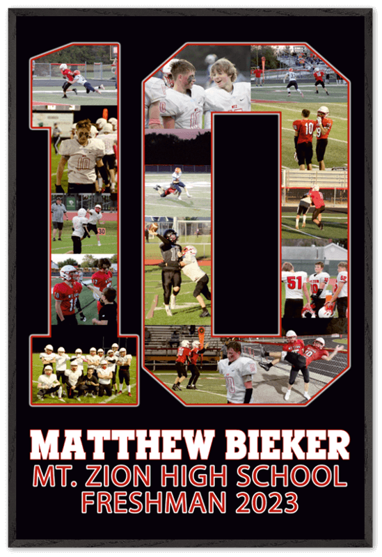 A custom poster from Collage and Wood makes the perfect, unexpected and delightful alternative to traditional football senior night poster ideas. This poster for #10 features his name, jersey number, school, and optional third line text, all of which can be customized for your athlete.