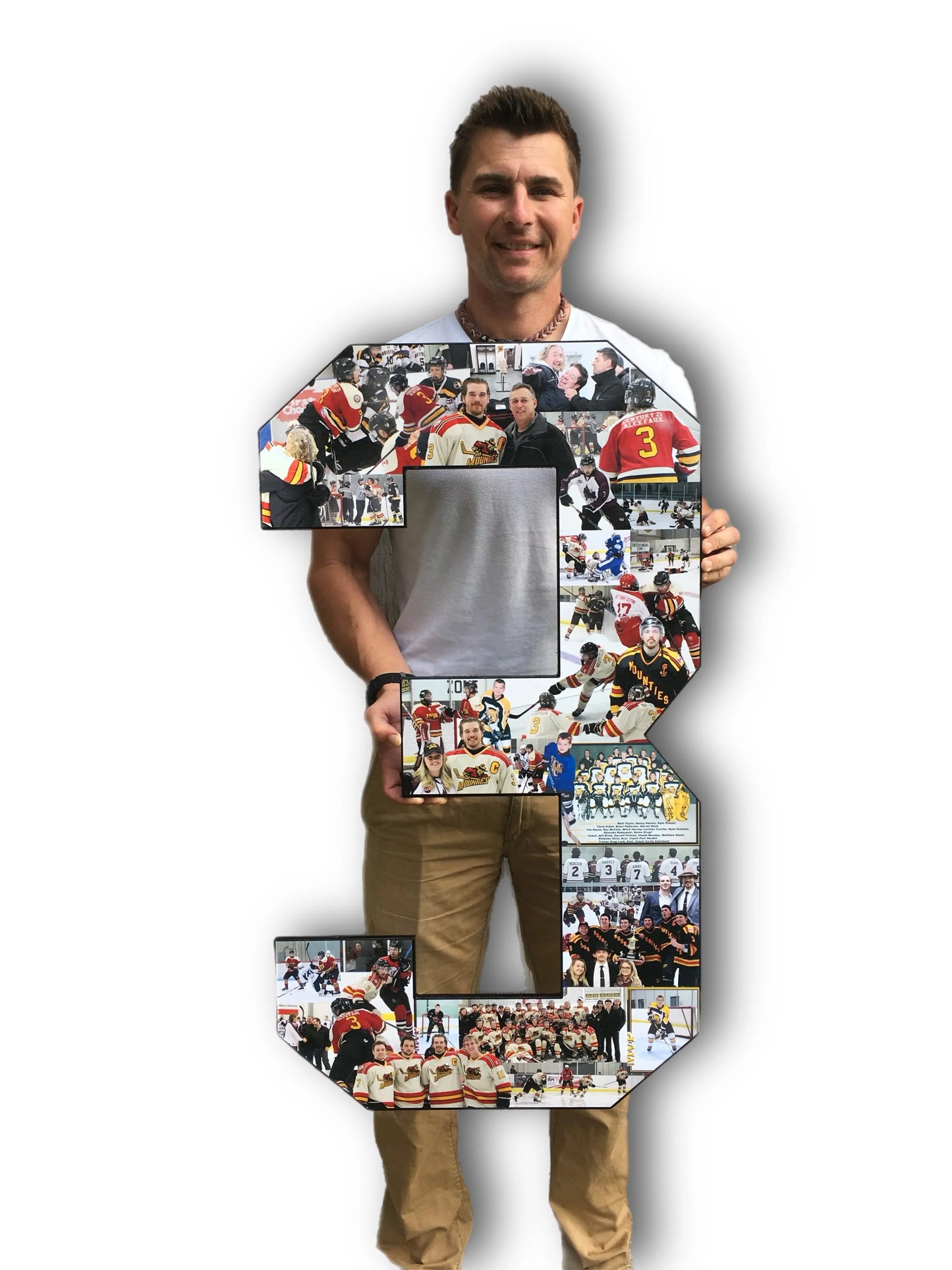 Jon Waddell holding Custom sports number frame shaped as a “3”, filled with hockey game-day photos, perfect as a sentimental keepsake or graduation gift. Available on collageandwood.com.