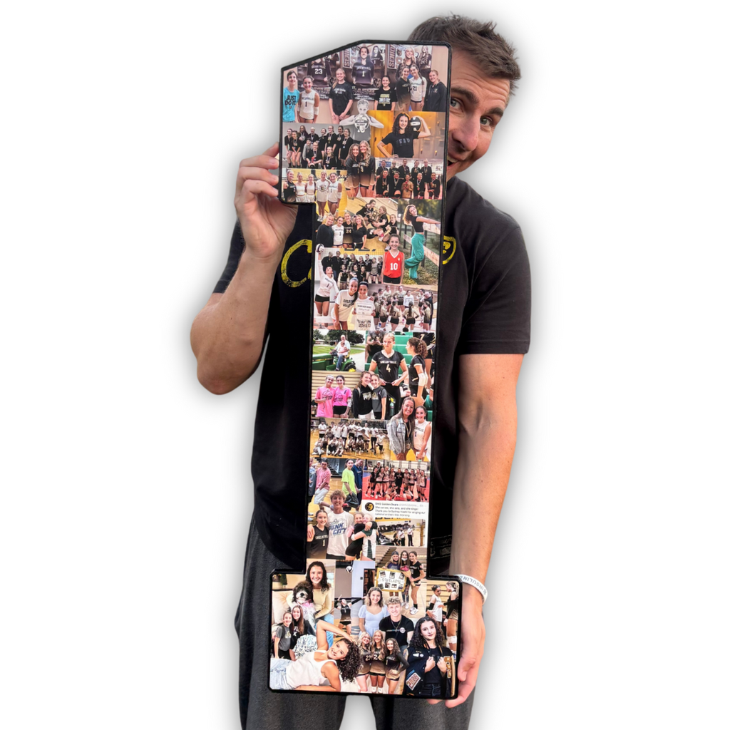 Jon Waddell holding a large number-1 photo collage of volleyball memories—perfect for beach volleyball fans and anyone who loves the sport. A must-have volleyball gift and a great way to celebrate the game and ball.