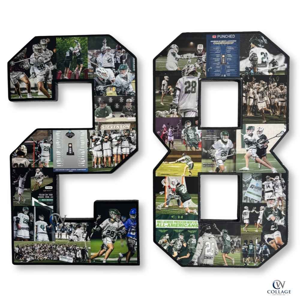 Collage of lacrosse photos arranged in the shape of the number 28.
